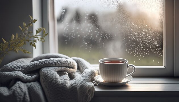 dampfender Tee w&auml;hrend die Regentropfen an das Fenster klopfen