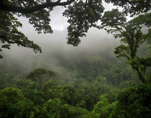 Obraz premium morning in the forest, Misty morning in the forest, smoky air in the forest, the Amazon deep jungle