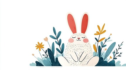   A white rabbit sitting in the center of a field of flowers with its eyes closed
