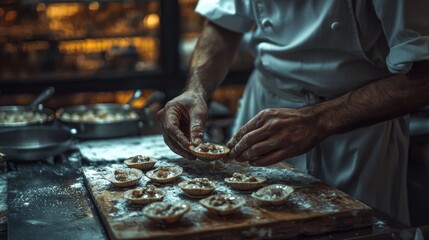 Chef skillfully prepares delicate pastries in a warmly lit kitchen during the evening hours