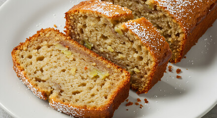 Homemade Apple Loaf Cake Slices Topped with Powdered Sugar