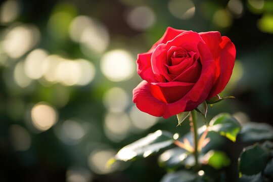 A single, vibrant red rose blooms in the sunlight, its petals elegantly unfurled against a softly blurred green background. - Powered by Adobe