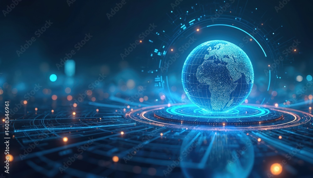 Poster Futuristic tech design featuring digital globe. Concept for business solutions, innovation, hi-tech, global network. Interface with data visualization, connection, modern tech background.
