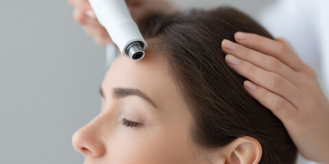 Fototapeta premium Examined the condition of the scalp and hair follicles with a trichoscope in the medical office of doctor trichologist