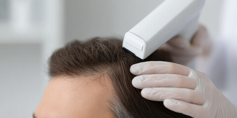 Naklejka premium Examined the condition of the scalp and hair follicles with a trichoscope in the medical office of doctor trichologist