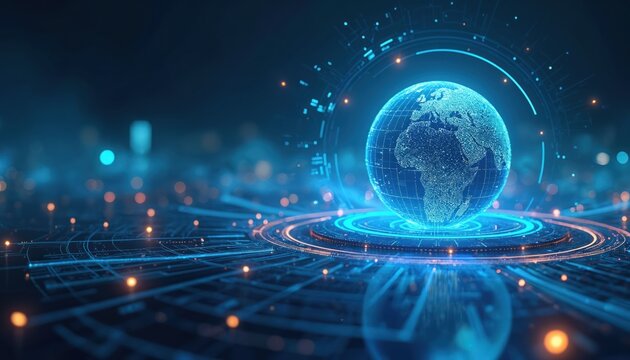 Futuristic tech design featuring digital globe. Concept for business solutions, innovation, hi-tech, global network. Interface with data visualization, connection, modern tech background. - Powered by Adobe