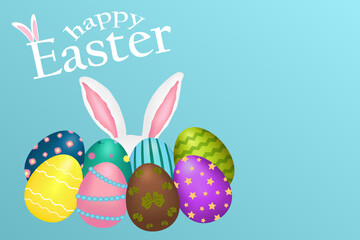 Greeting card with copyspace, 3D elements - ornate Easter eggs and Easter bunny ears on a blue background. Text - Happy Easter. Perfect for holiday banner and greeting.