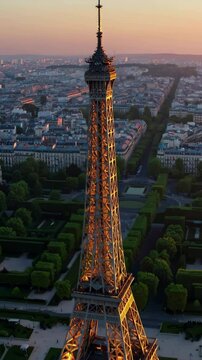 Majestic sunset over eiffel tower captured from aerial view highlighting cityscape transformation