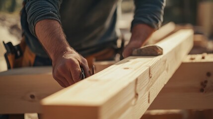 Carpenter assembling wood beams at a construction site. Featuring expertise and precision