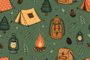 Create a vibrant, seamless pattern featuring meticulously detailed camping gear, including tents and lanterns, suitable for textile design or wallpaper.