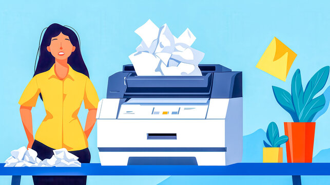 Office worker looking at jammed printer with crumpled paper, troubleshooting printing problems