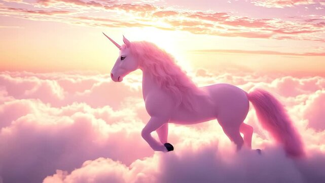 A pink fairy unicorn runs through the clouds, a magical scene of dreams and magic