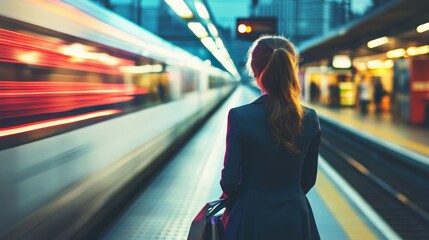 A woman waits at a train station at night, observing the departure of a train.