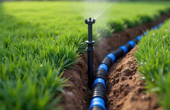 Fototapeta Close-up view installing automatic pop-up lawn sprinkler. Green grass lawn irrigation system with blue, black piping. Watering, humidification, automation system in garden, agricultural field. Water