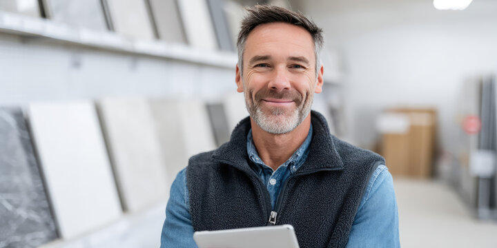 Smiling sales manager at a construction store. A man with a tablet on the background of a store assortment of tile and laminate samples. 
