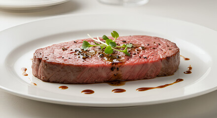 Delicious Beef Steak Served On White Plate With Garnish And Sauce