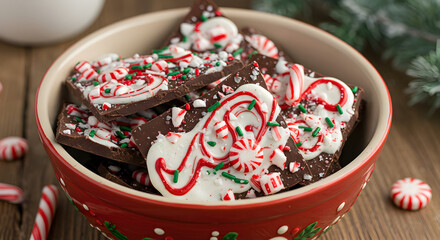 Naklejka premium Festive Chocolate Bark Adorned with Peppermint Candies for Holiday Celebrations