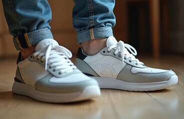 Man legs in stylish white leather sneakers. Comfortable white sport shoes with laces. Jeans. Stylish footwear for walking running. Casual street style.