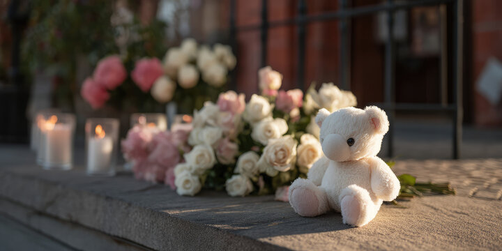 Street memorial to victims of terrorism with flowers, candles and soft toys. Memory of death people after the act of terrorism 