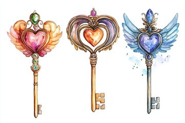Watercolor painting of three ornate keys with heart shapes and wings on a white background art style