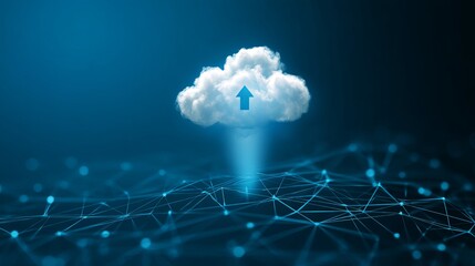 Arrows on small white cloud over blue grid background Upload and download symbols Cloud storage technology concept