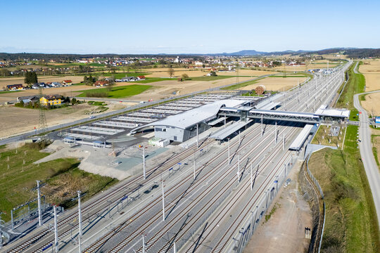 Aerial view of the new train station Weststeiermark as part of the new Koralmbahn railroad track between Graz and Klagenfurt