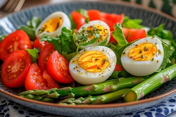 This vibrant dish features soft boiled eggs, ripe tomatoes, and asparagus arranged on a decorative plate. The fresh greens provide a healthy and colorful meal option