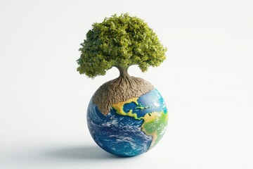 A lush green tree sprouts from the Earth, symbolizing environmental conservation and global sustainability.