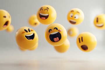 An expressive group of yellow emoji with various emotions floats in mid-air, conveying a range of feelings from joy and laughter to surprise and shock, on a neutral background.