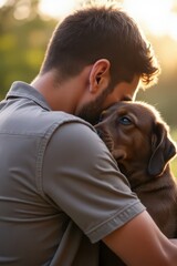 Men embracing emotion and mental health through pets in nature – a heartwarming image