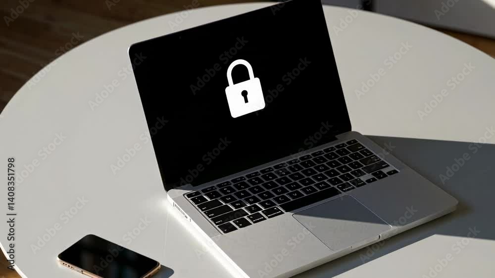 Poster Secure login and digital security concept illustrated by a laptop displaying a lock icon on its screen, emphasizing encrypted code and protection against cyber threats