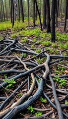 Obraz premium Charred branches litter the forest floor after a wildfire, creating a stark contrast against the green undergrowth, brown, summer, outdoor