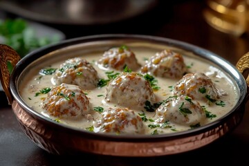 Savory dumplings are simmering in a rich, creamy gravy, topped with fresh herbs, served on a decorative plate, creating an inviting dish in an elegant setting