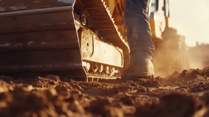 Construction worker operating a bulldozer to level the ground. Featuring power and control