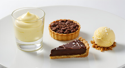 Decadent Dessert Sampler With Chocolate Tart Ice Cream And Custard Shot