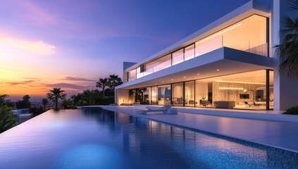 Fototapeta premium Luxury Villa at Sunset: Infinity Pool and Modern Architecture