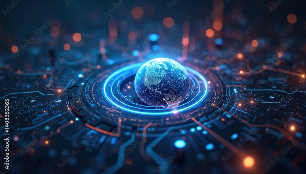 Poster futuristic digital illustration business solutions concept. earth globe inside motherboard circuit. 
