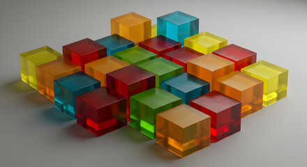 Obraz premium Colorful Translucent Cubes Arranged in a Playful Array on Plain Background