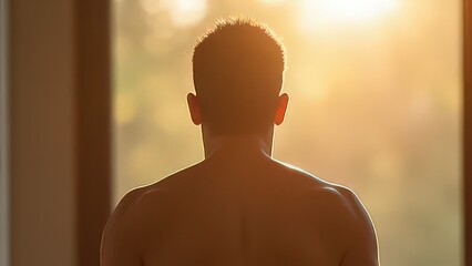 Men reflecting on mental health and emotion sunrise window lifestyle photography warm environment rear view