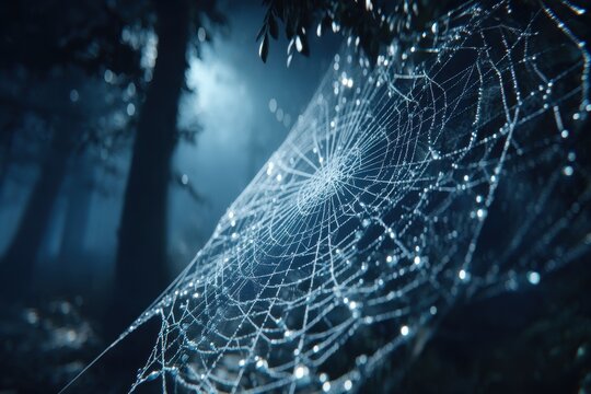 Mysterious spider web covered in dewdrops, glowing softly in the night, with a dark forest backdrop adding to the eerie beauty and creating a unique ambiance.