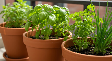 Terracotta Pots Filled With Fresh Culinary Herbs On Sunny Balcony