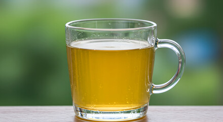 Refreshing Herbal Infusion: A Clear Mug Of Golden Tea Against A Green Backdrop