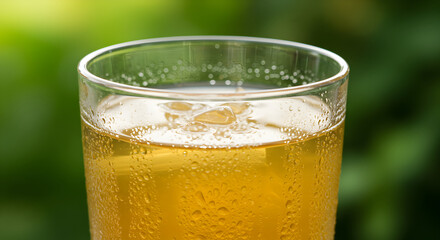 Refreshing Apple Cider In Glass On Blurred Greenery Background