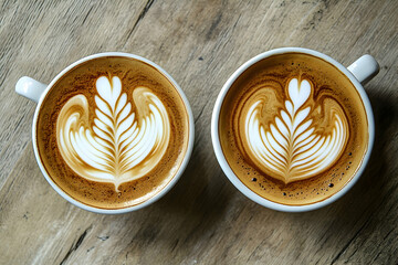 Two latte art cups with intricate leaf designs on a wooden surface.