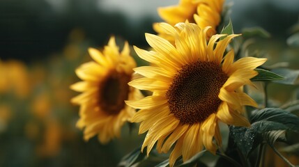 Obraz premium Close-up of a sunflower covered in morning dew, set against a blurred green field. Ideal for eco-friendly visuals, seasonal promotions, floral prints, and nature-inspired content.