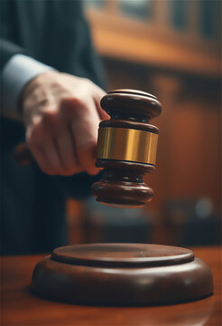 Low-angle close-up of a judge's hand ready to hitting a wooden gavel on a sound block. Authoritative moment with the judge hand in sharp focus while the courtroom background remains softly blurred.