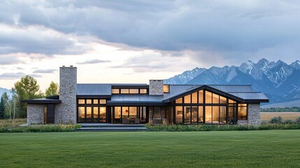 Fototapeta premium Redefining comfort modern mountain retreat enchanting landscape architectural marvel serene environment wide-angle view