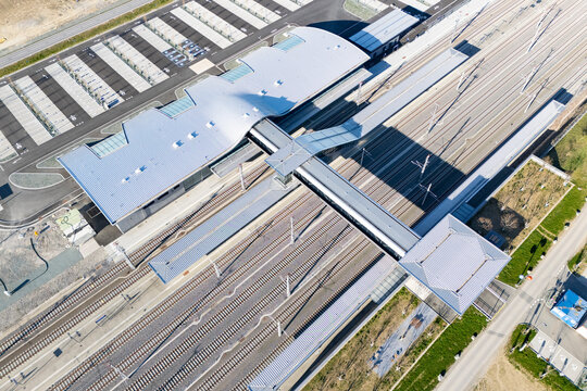 Aerial view of the new Weststeiermark, Deutschlandsberg train station at the new built Koralmbahn railway track