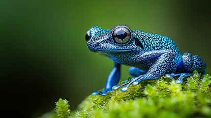 Fototapeta premium Blue frog perched on green mossy plant covered with lots of green lichen