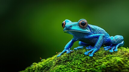 Obraz premium Blue frog on mossy surface against green background